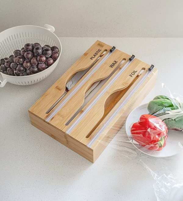 Bamboo 3 in 1 Wrap Organizer With Cutter For ALuminum Foil, Wax Paper And Cling Wrap